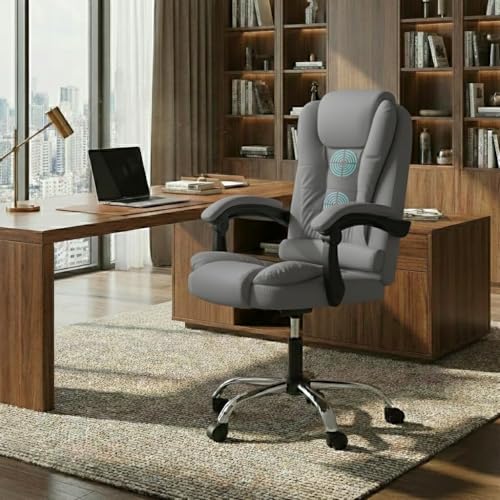 Image of Casa Copenhagen Italia Premium Leatherette Office Chair for Work | Boss Chair, Ergonomic Executive, Luxurious Cushioned Arms & Seat, 2 Point Back Massager, Heavy Duty Metal Base (Grey)