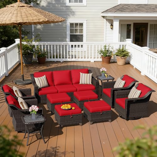 Image of 11 Piece Patio Furniture Set, Wicker Outdoor Conversation Set | Patio Chair Set with Olefin Removable Cushion, All-Weather Outdoor Couch with Deep Seat for Porch, Deck and Backyard, Red