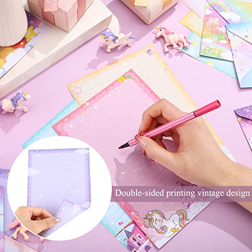 Image of TaoBary 160 Pcs Unicorn Theme Stationery Paper and Envelopes Set 50 Double Sided Lined Stationery Paper with 50 Matching Envelopes and 60 Round Dot Sticker 5.5 x 8.25'' Letter Writing Kit, 10design