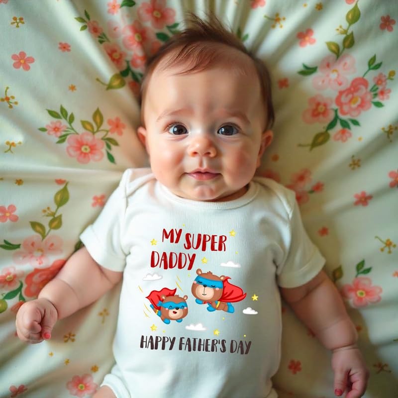 Image of KNITROOT Father's Day Special, Cotton Onesie, My Super Daddy, Happy Father's Day, Unisex Baby Kids Half Sleeve White Romper, Snap Button, Bodysuit, 0-12 Months, Infant Cloth for Boys & Girls