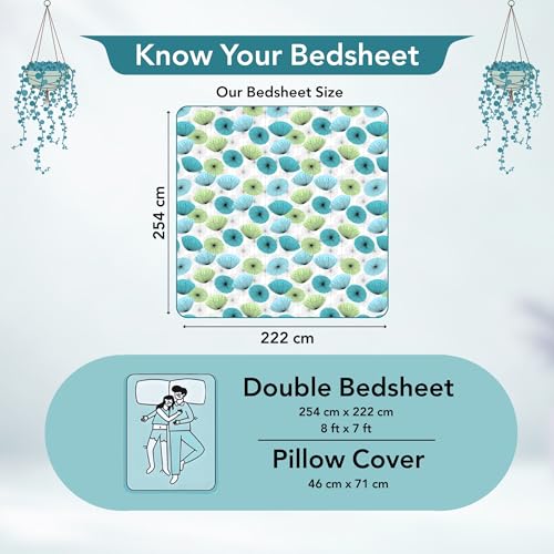 Image of Divine Casa 144 TC Cotton Double Bedsheet with 2 Pillow Covers | Soft Comfortable Bedsheet for Double Bed | Breathable Printed Bedding Set | 222 x 254 cm (Aqua Green, Floral)