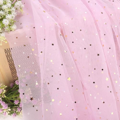 HAVII 59" x 4 Yards Light Pink Glitter Tulle Rolls Star Moon Sequin Tulle Fabric Bolt for Photography Props Background Tutu Table Skirts DIY Sewing Crafts Wedding Party Decor