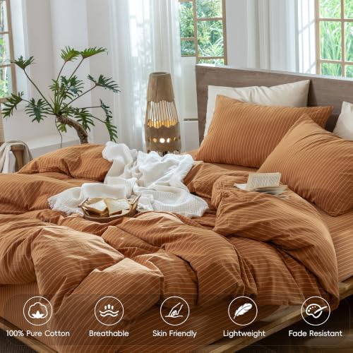 Image of MooMee Striped Duvet Cover Set 100% Washed Cotton Linen Like King | Relaxed Linen-like Texture. Soft, Breathable & Long-lasting Comfort. Lightweight. Hidden Zipper with 8 Interior Corner Ties