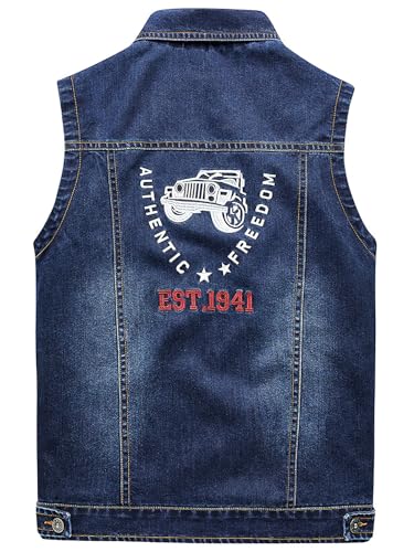 ebossy Men's Multi-Pocket Distressed Denim Vest Relaxed Fit Sleeveless Letter Printed Washed Tucker Jean Jacket2