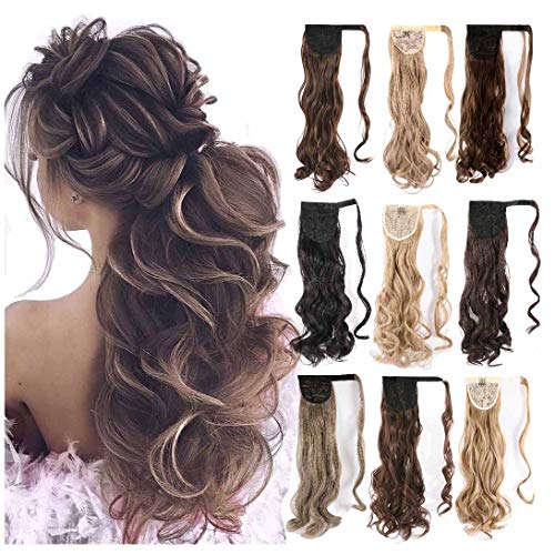 Cagora Ponytail Extension Curly Wavy Clip in Pony Tail Extensions Wrap Around Hairpiece Claw Synbthetic Ponytails Magic Paste Hair Wraps Human Hair Ponytail for Women (Jet Black(1B))