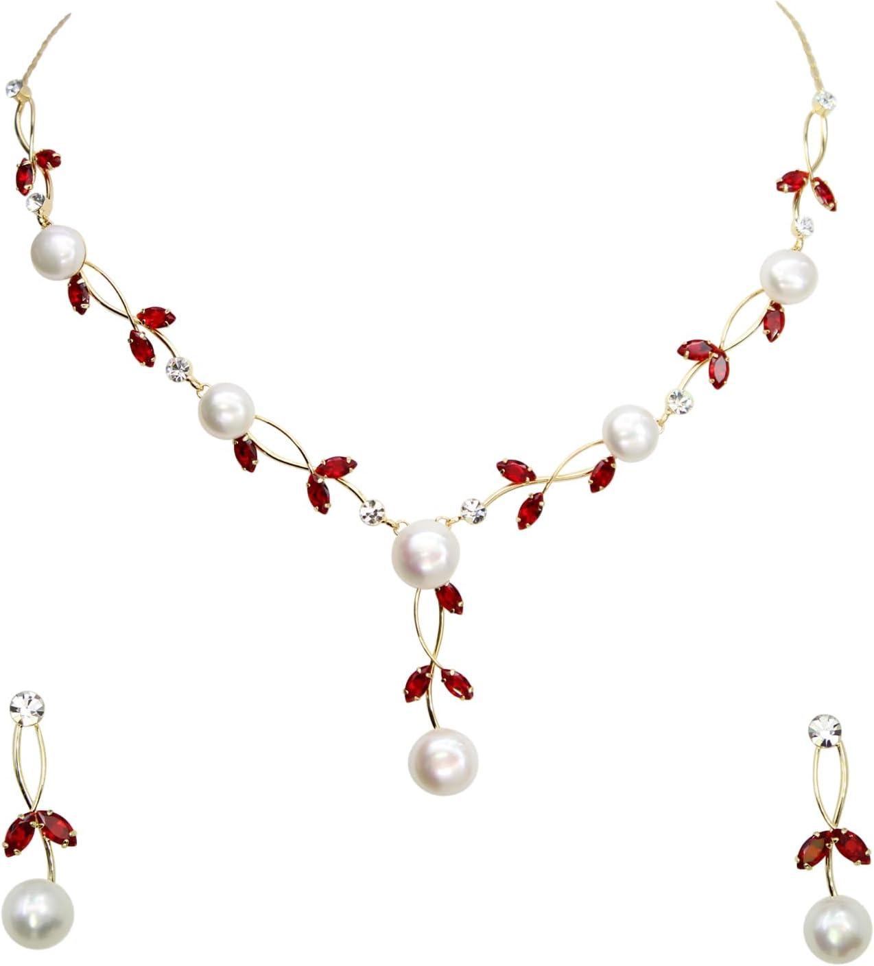 Faship Gorgeous CZ Crystal Genuine Freshwater Pearls Floral Necklace Earrings Set