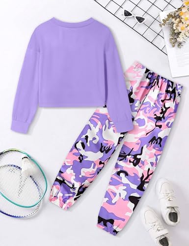 Image of NECIOUS Girls Fall Outfits 2 Piece Fashion Twist Front Pullover Sweatshirt and Camo Pants Clothing Sets 5-14Y