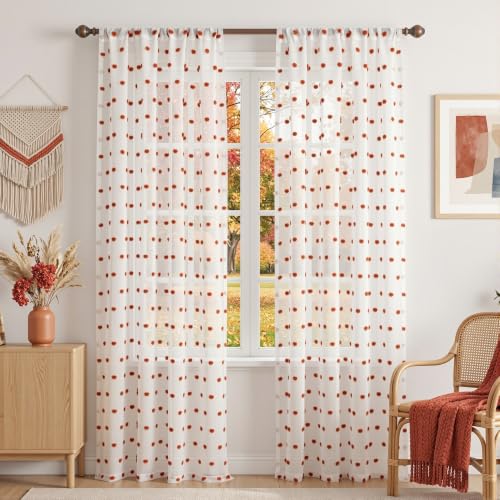 Image of MYSKY HOME Brick Red Pom Pom Sheer Curtains for Bedroom 90 Inch 2 Pieces