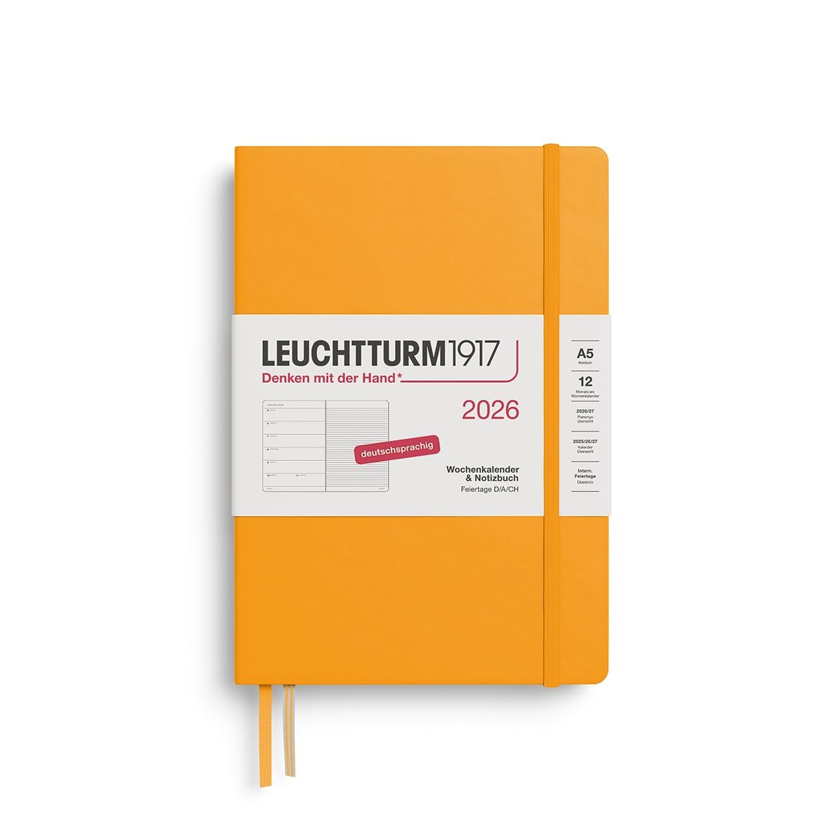 LEUCHTTURM1917 372473 Weekly Calendar & Notebook Medium (A5) 2026, 12 Months, Rising Sun, German