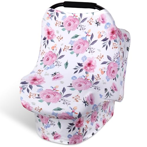 Image of Rquite All-in-1 Car Seat Cover Baby, Carseat Covers for Girl Boy, Stretchy Soft Infant Car Seat Cover, Multi-use Baby Carrier Cover, Car Seat Canopy, Stroller Sun Shade, Nursing Breastfeeding Cover