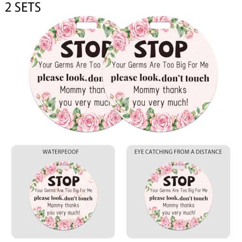 Image of 2 Pack Rose Flower Style Do Not Touch Signs Greenery Stop No Touching Car Seat Sign Stroller Tag with Hanging Strap and Clip Durable Car Safety Signs Tags for Car Accessories 5 Inches