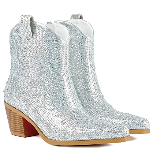 Seborluys Women's Rhinestone Cowboy Boots With Crystals Chunky Glitter Western Ankle Boots Wedding Cowgirl Boots For Bride Size 6.5,Silver #TOP4