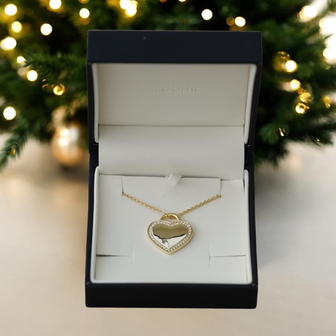 Herz Kette Gravur Gold (Silber 925 hochwertig vergoldet) von AMOONIC | inkl. Luxusetui, Kettenanhänger mit Gravurplatte individuell Anhänger gravierbar