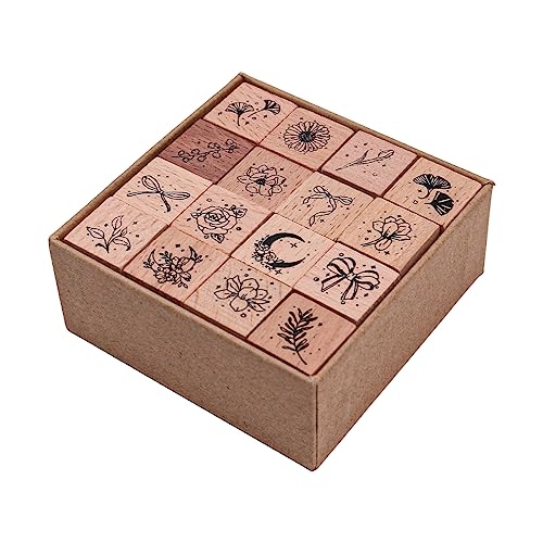 VOANZO 16 Pc Wooden Rubber Stamp Set - Decorative Combining Plants & Stars for DIY Crafts & Card Making, 20mm x 20mm - Image 2