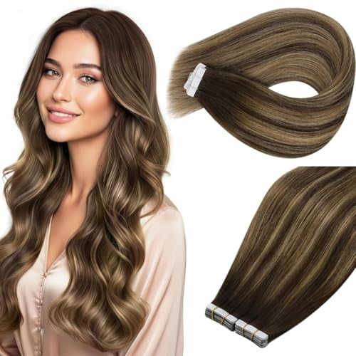 Image of Ve Sunny Hair Tape in Extensions 24Inch Long | Balayage Chocolate Brown with Caramel Blonde,50g 20Pcs,Skin Weft,for Everyday Wear