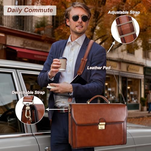 Banuce Vintage Genuine Leather Briefcase for Men Lock Lawyer