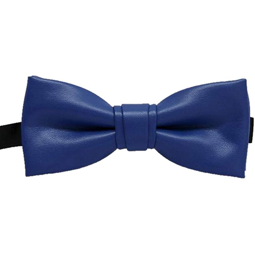 Pre-tied Solid Color PU Leather luxury Bow Ties Tuxedo Banquet Big Bowtie, Blue, Medium