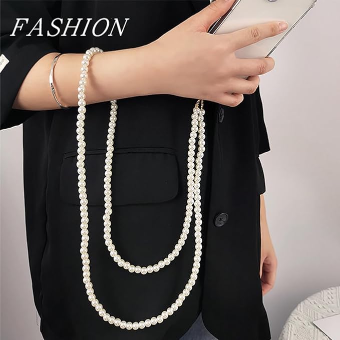 Image of KHOLAD White Bow Phone Chain Crossbody Pearl Strap | 2in1 Wrist & Shouler Crossbody Lanyard | Pearl Beads Charms Chain with Phone Tether Patches | Compatible with Most Phones, Bag, Purse