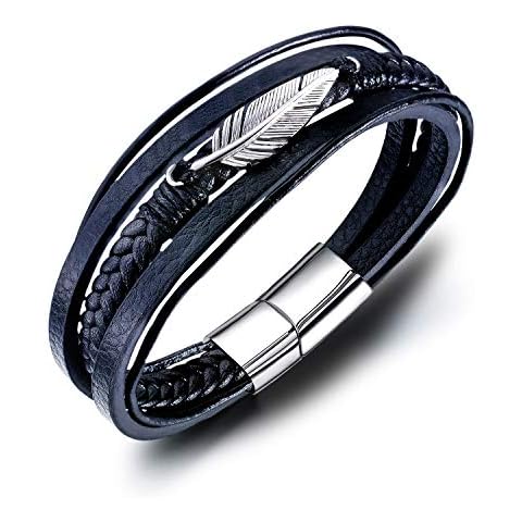 Vanski Men's Stainless Steel Angel Wing Feather Multilayer Braided Leather Wrap Bracelet Silver-Tone Cover