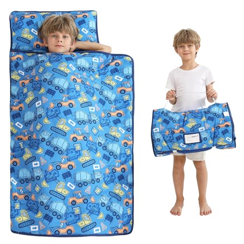 Image of Viviland Toddler Kid Nap Mat for Preschool, Boys Blue Car Slumber Bag, Daycare Bag with Pillow and Blanket, Kindergarten Mat