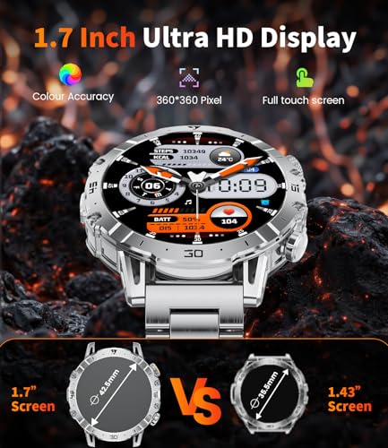 LIGE Military Smart Watch for Men,60 Days Ultra Long Battery&LED Flashlight,1.7”Large Screen,IP68 Waterproof Smartwatch, Bluetooth Call,Heart Rate/Sleep Monitor,Fitness Tracker for iOS Android,Sliver - Image 4