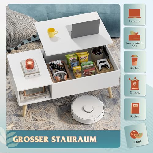 WLIVE Couchtisch Höhenverstellbar und Ausziehbar, Wohnzimmertisch mit Großem Verstecktem Staufach, Hebeplatte Kaffeetisch für Büro,50 x 100cm Sofatisch, Weiß – Bild 8