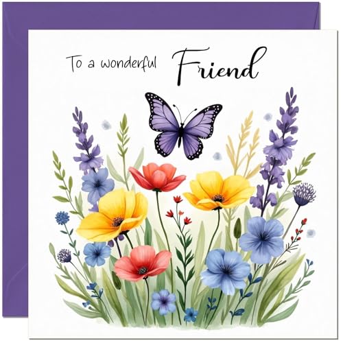 Lovely Friend Birthday Card with Flowers & Butterfly design - Floral Birthday Cards for Friend