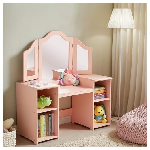Kovhzcu Kids Vanity, 2 in 1 Princess Makeup Vanity Storage Cabinet with Detachable Top, Girls Vanity Set with Tri-fold Mirror, Kids Vanity Set with Mirror Age 3-9 (Pink)
