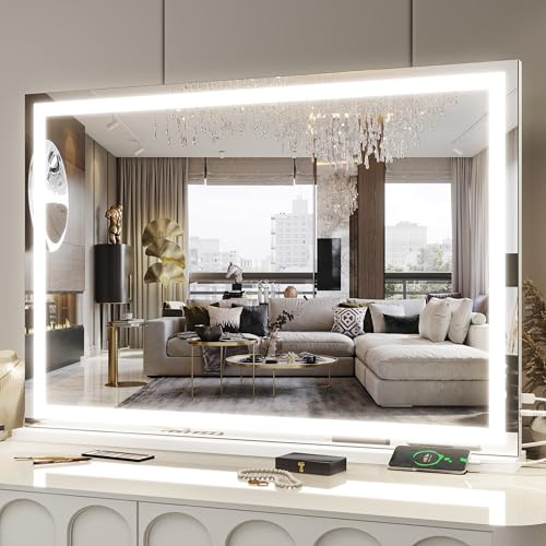 Image of FENNIO Large Vanity Mirror with Lights,35.5 inch x 27 inch LED Makeup Mirror,Hollywood Mirror with 3 Color Modes & Adjustable Brightness,Vanity Mirror Square White
