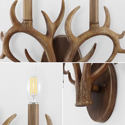 Image of JONATHAN Y 13.25 inch Brown Wood Finish Faux Antler LED Vanity Light Set of 2, Rustic Wall Sconces for Bathroom Mirror Hallway, Southwestern Farmhouse Decor, LED Bulbs Included (JYL6308A)
