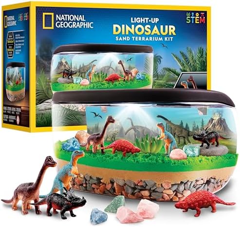 National Geographic Light-Up Dinosaur Terrarium Kit for Kids – Build a Prehistoric Habitat with Play Sand, Real Gemstones & Dino Figures, Science Activity Kit for Boys & Girls