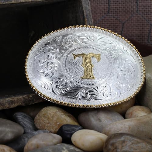 Image of Montana Silversmiths Initial Engraved Gold Trim Western Belt Buckle