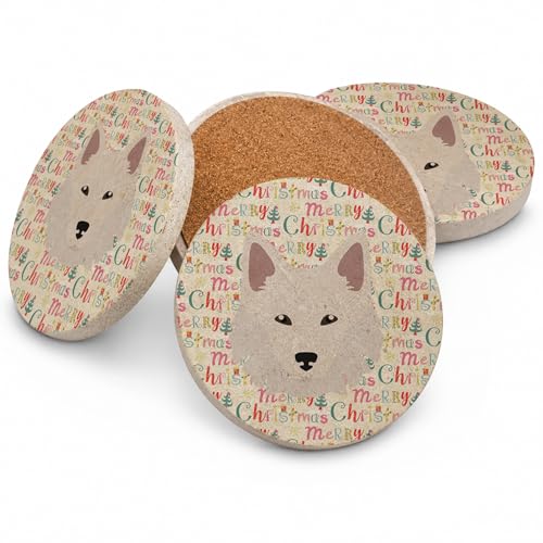 Caroline's Treasures Danish Spitz Merry Christmas Large Sandstone Coasters Pack of 4 Absorbent Round Coasters Decor Gifts for Men or Women, 4 in, Multicolor