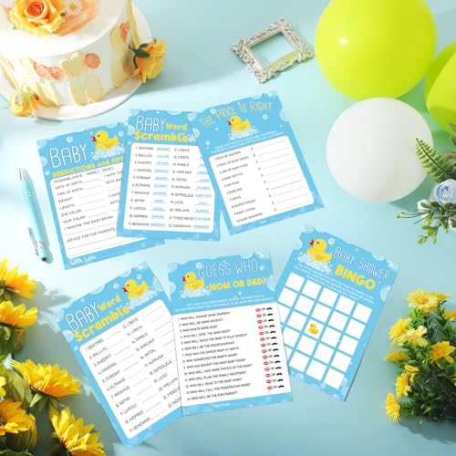 Image of Jetec 302 Pcs Yellow Rubber Duck Theme Baby Shower Games, 6 Games, 50 Sheets Each - Baby Shower, Word Scramble, Word Search, Predictions and Advice, the Price is Right