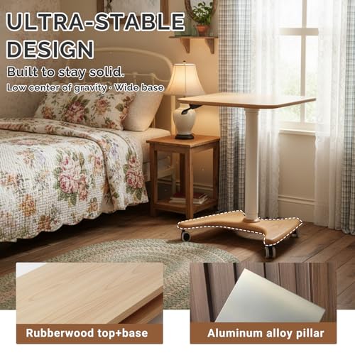 Image of 31.5in Mobile Standing Desk, 30-43.3in Rolling Desk Adjustable Height, One-Piece Solid Desktop, Wheels, Ideal for Home Offices, Apartments, Bed & Sofa, Natural Color