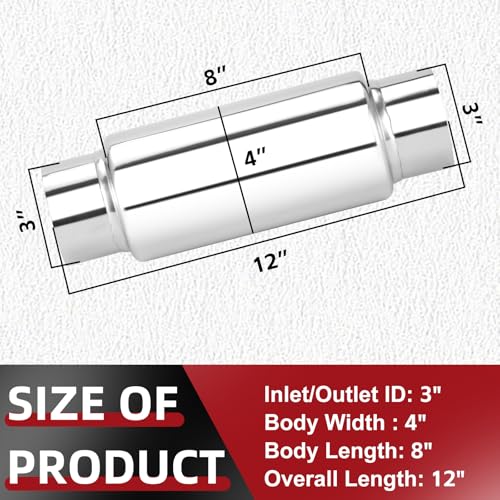 Image of LCGP 3 inch Inlet Universal Resonator Muffler, 3 inch Outlet 12 inch Overall Length Stainless Steel High Performance Muffler, Polished, Pass-Thru Design