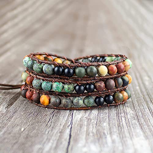 Boho Wrap Bracelets Natural Jasper Crystal Stone Variety Beads Strand Bracelet,Beaded Handmade Turquoise Bracelets（African Turquoise） #TOP7
