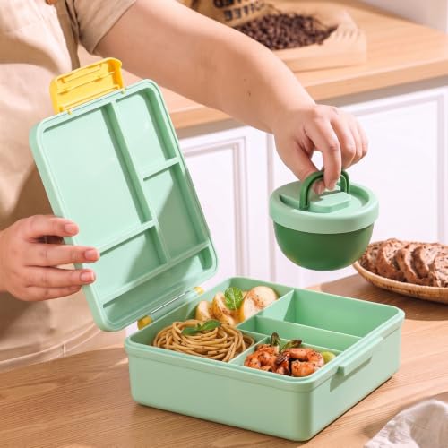 Image of House of Quirk 'NomNom' Dinosaur Print Bento Lunch Box, 1800ml with 300ml Removable Bowl, Microwave Safe Lunch Box with Spoon, Fork & Knife for Kids, School, Office, Picnic & Travel (Green)
