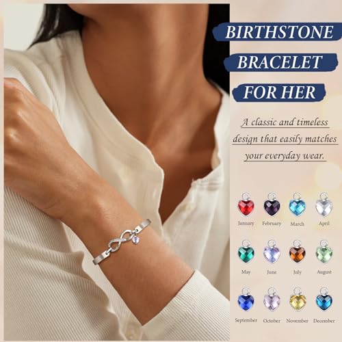 Personalised Infinity Birthstone Bracelet for Women - Customised Silver Bracelet Bangle with Birthstone Charm for Lady Girls, Adjustable Infinity Bracelets Jewellery Gifts for Birthday Valentine's Day
