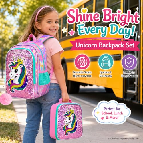 Image of CCJPX 16 inch Unicorn Backpack for Girls, 3Pcs Kids Sequin Bookbag with Lunch Box, Water Resistant Elementary School Bag for Kindergarten Preschool Toddler (Pink)