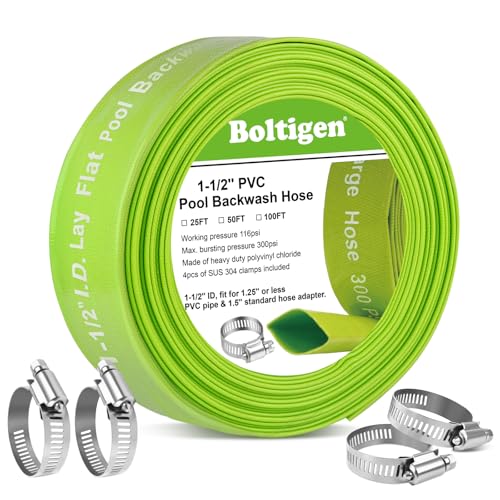Boltigen 1-1/2'' Pool Backwash Hose, 25 Feet Heavy Duty PVC Pool Drain Hose with Clamps, Lay Flat Water Discharge Filter Pump Hose for Swimming pools, High Pressure Pool Pump Hose