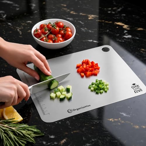 Image of OrganizeMee Chopping Board Stainless Steel Metal Cutting Kitchen,Heavy Duty Choping-Board Vegetable, Meats vegitable Chopper Boards,Safe Durable with Anti-Skid Silicon Pad (New Medium)(31.8CM X 21CM)
