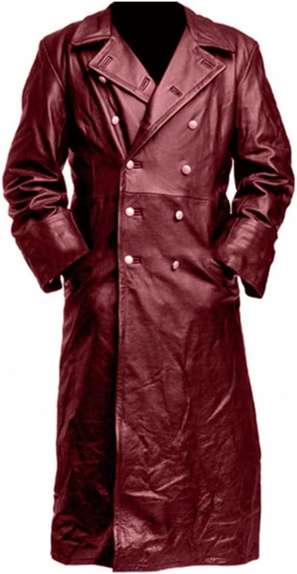 ZWENDEZWENDE Men's jacket Male Vintage Long Leather Jacket Autumn Winter Medieval Pure Black Silver Color Outerwear Charming Windproof Men's Clothing (Color : Burgundy, Size : S)
