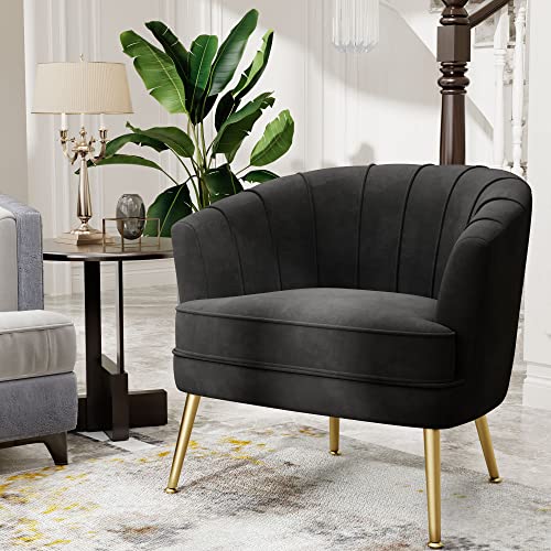 Andeworld Velvet Accent Chair, Upholstered Modern Single Sofa Side Chair,Comfy Barrel Club Living Room Armchair With Golden Metal Legs For Bedroom Living Reading Room Office, Black #TOP2