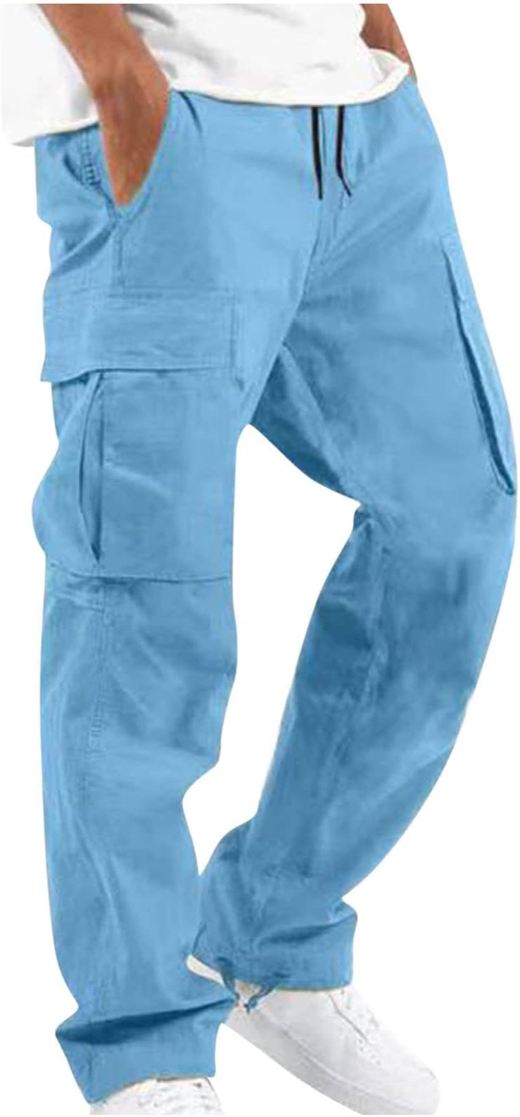 Linen Pants for Men Outdoor Fashion Multi Pockets Cotton Cargo Pants Classic Elastic Waist Solid Tactical Trouser
