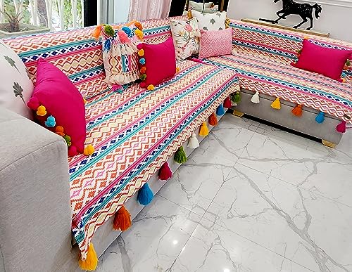 Image of Rainbow Aztech Tassel Sofa Cover:Sofacover:Thick Fabric, Durable, AntiSlip, Scratch Resistant :Seat & Front Back Sofa Throw -Set of 2 Seat Covers & Single Back Cover- L Shape (2 Seater + Lounger)