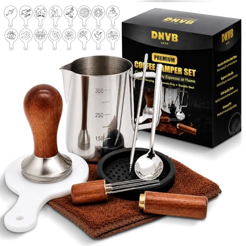 DNVB SHOP Premium 8-in-1 Coffee Tamper Set - 51mm Stainless Steel Espresso Tamper WDT Tool & 350ml Milk Frothing Pitcher - Complete Barista Coffee Machine Accessories & Tamper Station Mat