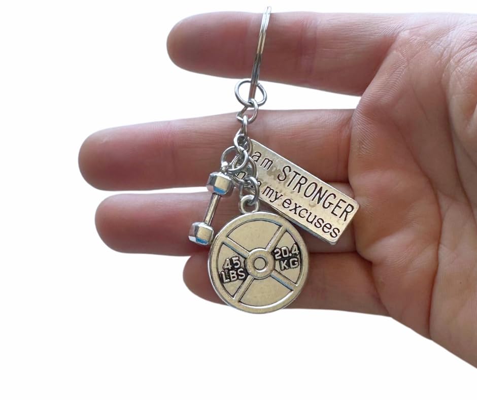 FKC 45 Lbs Weightlifting plate + Small Dumbbell + Motivational tag Keychain (I am Stronger Than My Excuses)