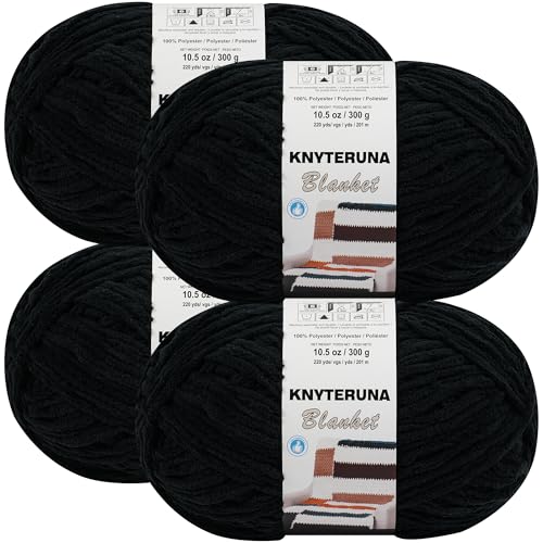 Image of #6 Super Bulky Blanket Yarn for Crocheting - 4 Skeins(Each 10.5oz /300g, 220yds /201m), Chunky Chenille Thick Plush Big Soft Yarn for Crocheting Knitting Blankets, Black