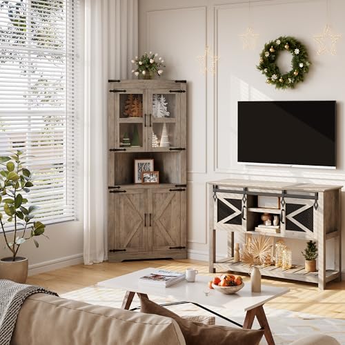GAOMON Farmhouse Corner Cabinet, Tall Corner Storage Cabinet with Glass Door & Adjustable Shelves, Bathroom Cabinet with Storage for Living Room, Kitchen, Bathroom, Washed Grey